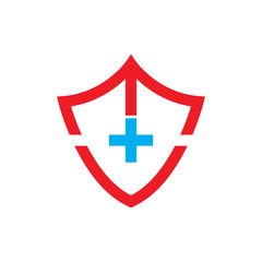 Shield with MV letter and Plus medical logo design vector