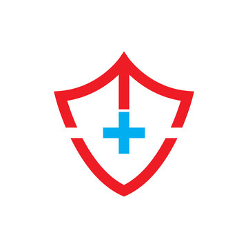 Shield with MV letter and Plus medical logo design vector