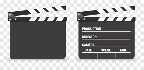 Film clap icon closed and open. Realistic vector illustration. Film. Cinematic device. Vector graphics on a transparent background with shadows. Movie clapper design template. - obrazy, fototapety, plakaty