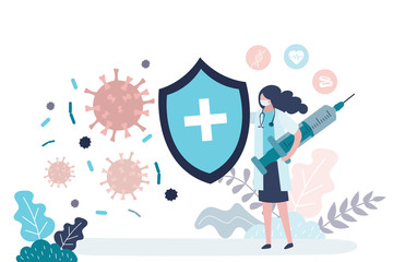 Female doctor stops spread of virus and disease. Woman holds security shield and syringe with a vaccine.