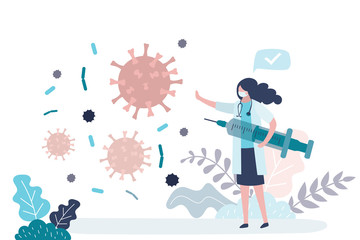 Female doctor stops spread of virus and disease. Woman holds a syringe with a vaccine. Medical worker in uniform.