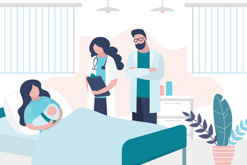 Beauty woman lies on bed and hold newborn baby. Patient, doctor and nurse. Room in the perinatal center.