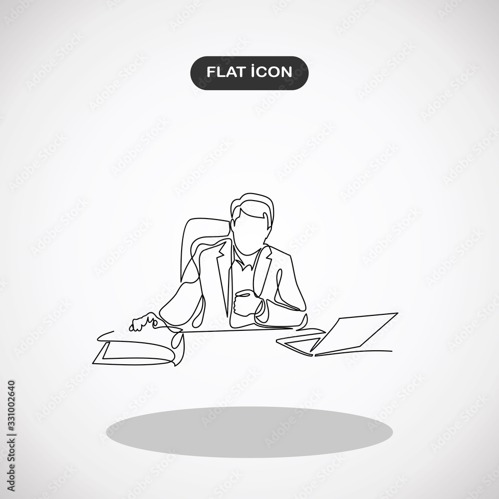 Poster businessman in a suit sitting in a office on a chair at the computer and work with documents- contin
