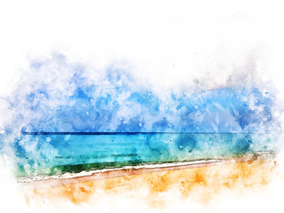 abstract colorful soft wave water sea and tree landscape on watercolor illustration painting background.