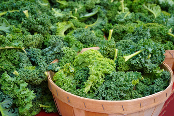 Baskets of organic curly green kale leaves at a farmers market