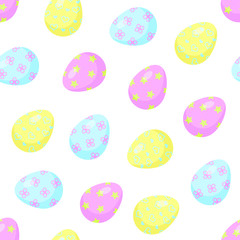 Fototapeta na wymiar Easter eggs on a white background seamless pattern. Design for wrapping paper, greeting card and invitation. Vector stock illustration in pastel color.