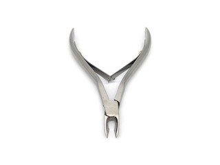 Stainless steel nail scissors isolated on white background. Cuticle cutter. Cuticle scissors. Manicure scissors. Nail clipper. Nail cutter.