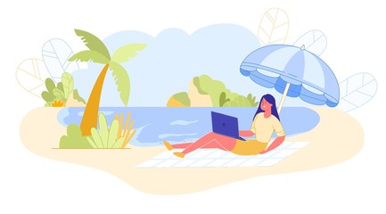 Woman on Ocean Works Remotely on Litter, Banner.