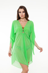 beautiful girl posing in stylish detailed neon green cover-up pareo on white background.