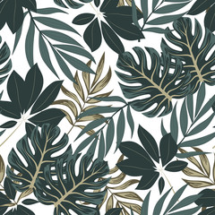 Original seamless tropical pattern with bright leaves and plants on a white background. Jungle leaf seamless vector floral pattern background. Beautiful exotic plants.  