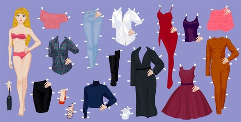 Paper doll of a pretty blond girl with a variety of paper clothes and shoes