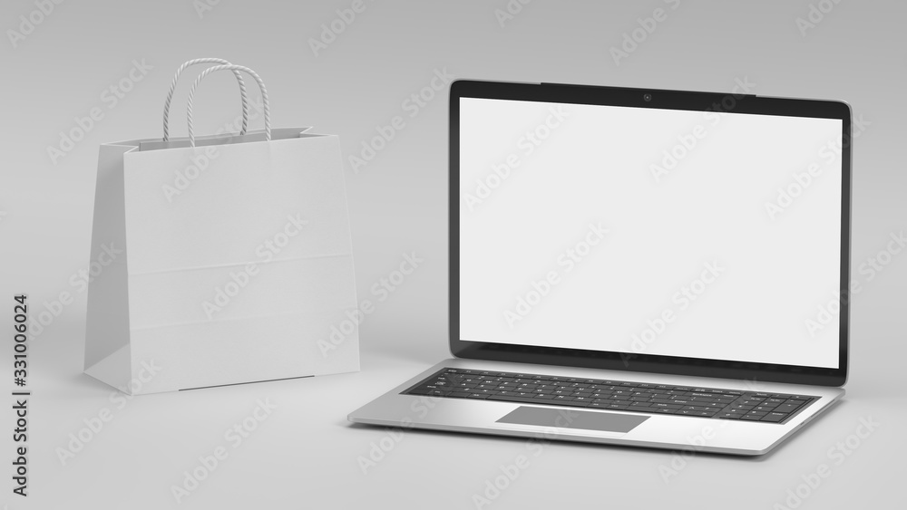 Aufkleber laptop and shopping bag mockup on white background. business and online technology object concept. e