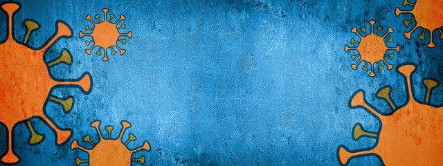 CORONAVIRUS - Orange cartoon virus isolated on blue abstract rustic texture background banner panorama, top view with space for text ( complementary colors )