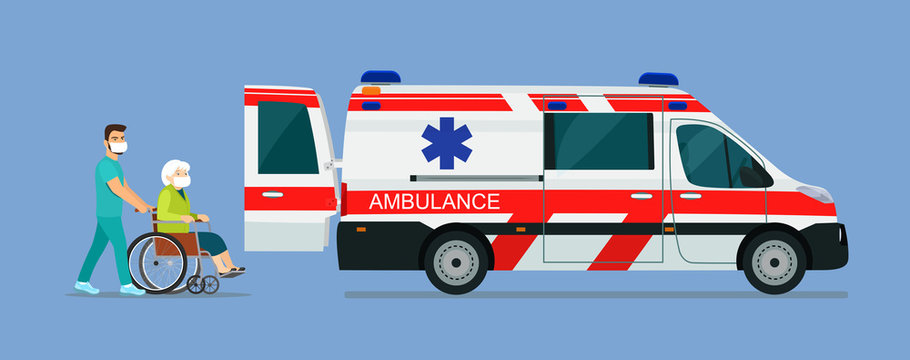 A sick elderly woman in a mask is placed in an ambulance. Vector flat style illustration.