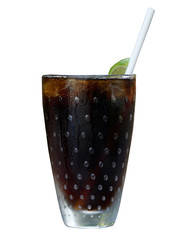 Lemon black tea in tall glass with straw on isolated white background