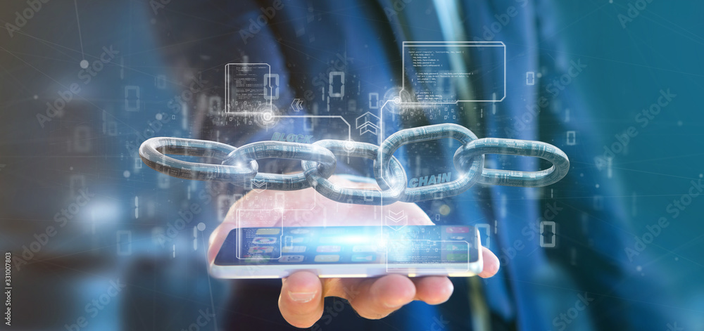 Poster businessman holding a virtual blockcahin with data - 3d rendering