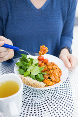 hand of young woman show healthy food