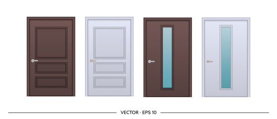Set of vector realistic doors isolated on white background. Entrance door with glass insert.