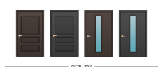 Set of vector realistic dark doors isolated on white background. Entrance door with glass insert.