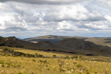 Fototapeta na wymiar View of the undulating relief and vegetation of rupestrian fields, where its diversity is very high and many species are found, Serra do Cipó, Santana do Riacho, Minas Gerais, Brazil