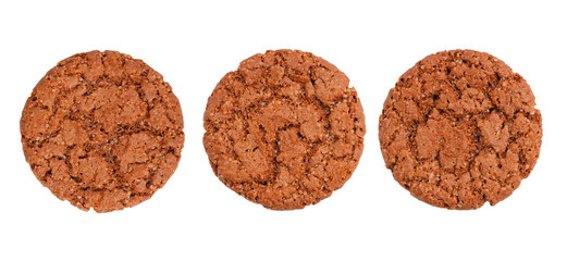 Closeup three chocolate chip cookies isolated on white background