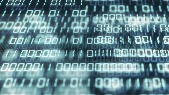 Digital binary code number on computer screen background. Blue green digital numeral software global network. Cyber security and hacker interrupt concept. Big Data technology. 3D illustration