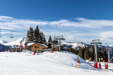 View of the bar in the arrival of the cable cars in the ski area of Morzine - France - obrazy, fototapety, plakaty