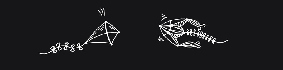 Kite. Outdoor summer games. Stock vector hand drawn illustration, isolated on black background. Simple white outline sketch doodle design.