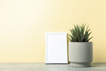 Succulent plant and empty frame against beige background, space for text