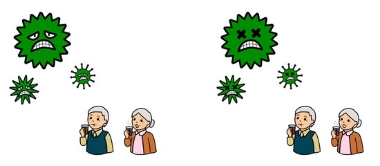 病気の予防のためにうがいをする高齢者とウイルス