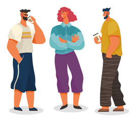 Smiling people standing together and drinking cup of coffee. Man and woman characters in casual clothes holding java and discussing. Speaking friends male and female with cappuccino drink vector