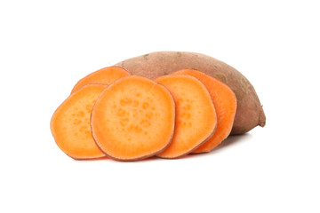 Sweet potato and slices isolated on white background