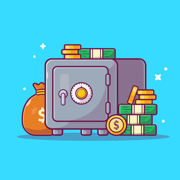 Saving Money Vector Icon Illustration. Safe Deposit Box, Money And Stack of Coins, Business Icon Concept White Isolated. Flat Cartoon Style Suitable for Web Landing Page, Banner, Sticker, Background
