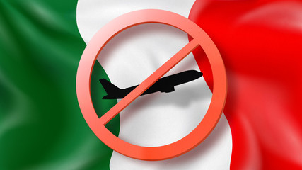 Warning sign with crossed out plane on a background of Italian flag.