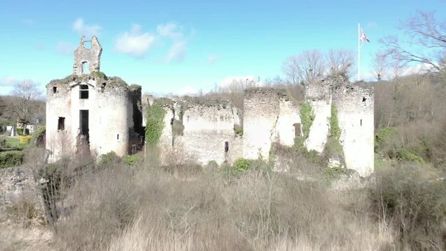 drone view of ancient castle, fiefdom of Vaujours Ch&acirc;teau-la-Valli&egrave;re, France, 24.3.2020 dependency of the bailiwick of Baug&eacute; and diocese of Angers Hugues I d'Alluye is the earliest known lord