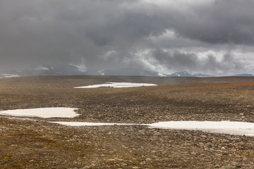 View of the valley. Northern Sweden, Sarek National Park in stormy weather. selective focus