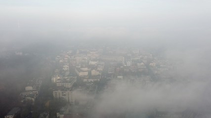 Aerial view of the city in the fog