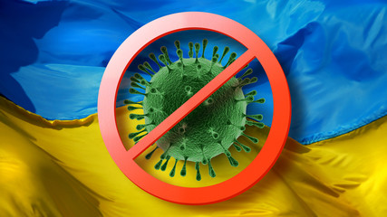 Forbidden sign with crossed out plane on the background of Ukrainian flag. - obrazy, fototapety, plakaty