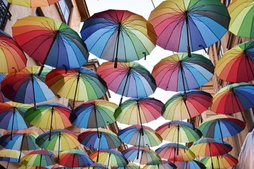 colorful umbrellas in the rain