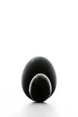 Concept Easter. Two black eggs and White background.