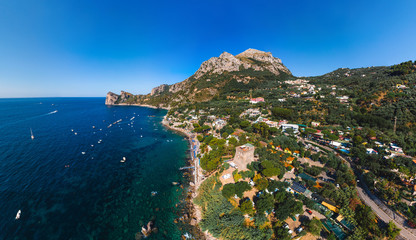 Aerial view of coastline of the village of Nerano. Private and wild beaches of Italy. Turquoise,...