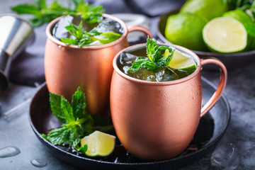 Classic Moscow mule cocktail with lime, mint and ice