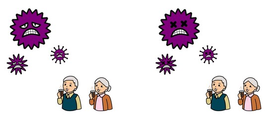 病気の予防のためにうがいをする高齢者とウイルス