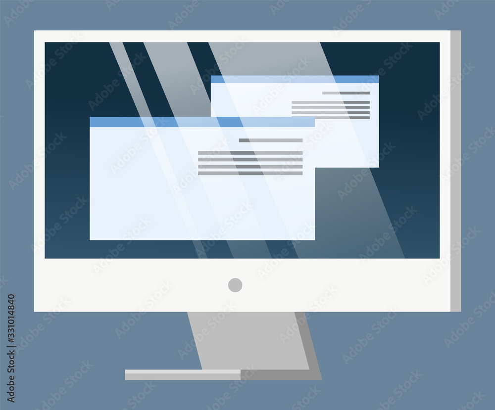 Poster personal computer for work or studies, isolated icon of laptop screen with info on monitor. it techn