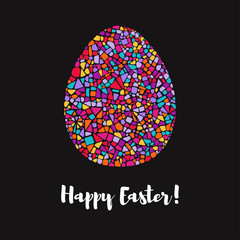 Vector illustration with mosaic egg. Happy Easter greeting card on black background.