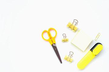 School supplies in pastel color Back to school concept Flat lay Top view