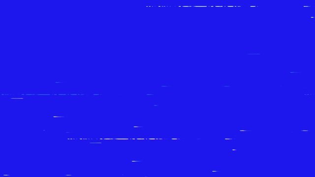 Abstract digital glitch flickers on a blue screen. Damaged video signal with bad interference. Real VHS tape glitch effects