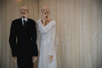 Skeletons in the bride groom wedding dress just married, concept Halloween party.