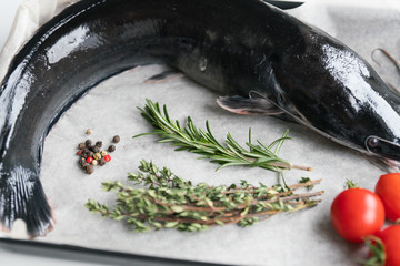 Fresh fish, herbs and vegetables. Food background, ingredients on the table. Healthy food, styling,...