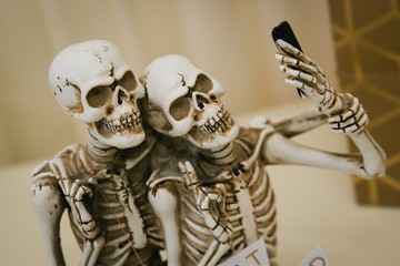 Skeletons in the bride groom wedding dress just married, concept Halloween party.